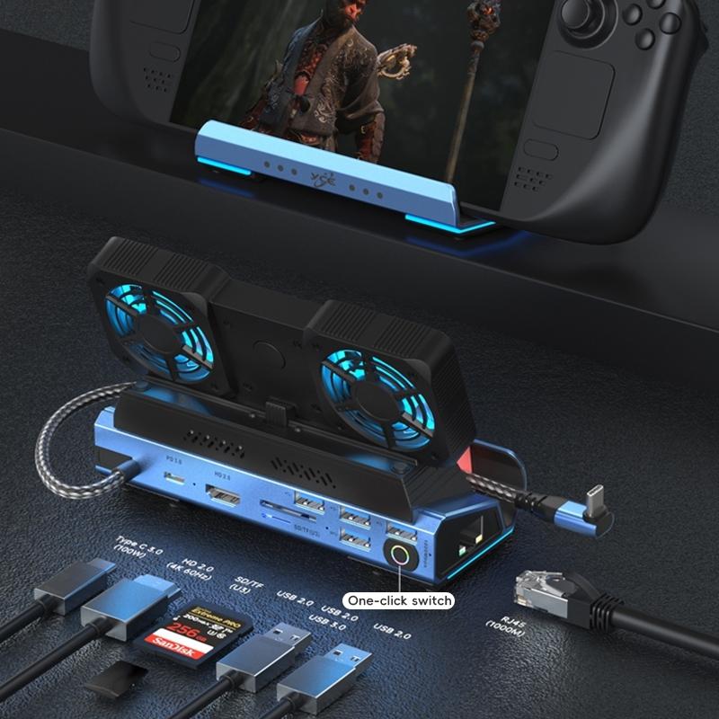 NNEDSZ 9-In-1 Usb-C Gaming Dock With Detachable Fan - Blue / Black