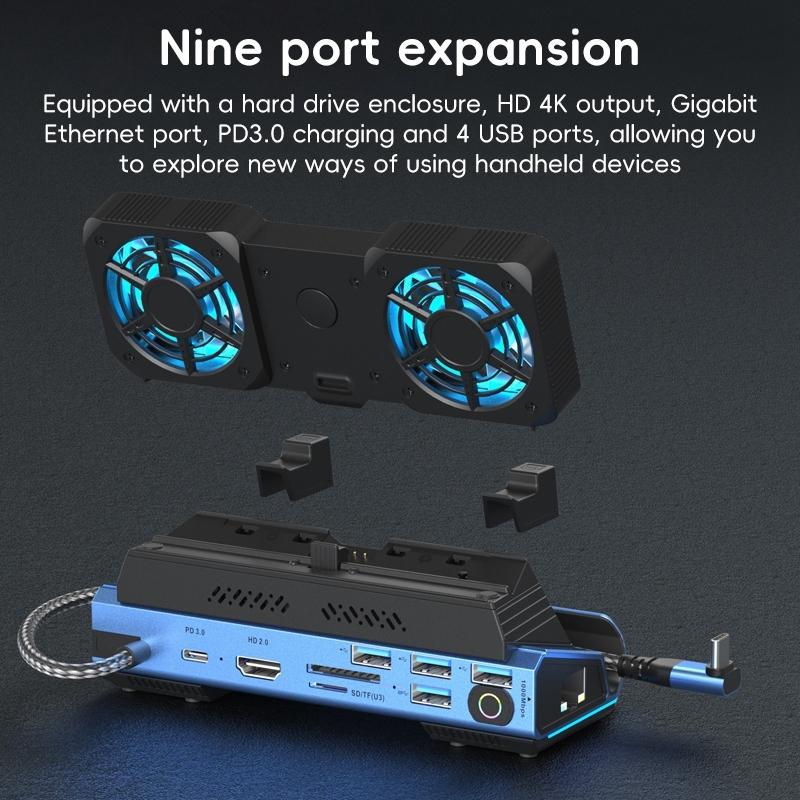 NNEDSZ 9-In-1 Usb-C Gaming Dock With Detachable Fan - Blue / Black